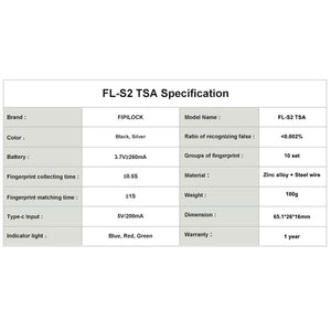 Fipilock FL-S2-TSA NEW Smart Fingerprint Lock Keyless USB Rechargeable Door Luggage Case Bag Lock Anti-Theft Security Fingerprint Padlock